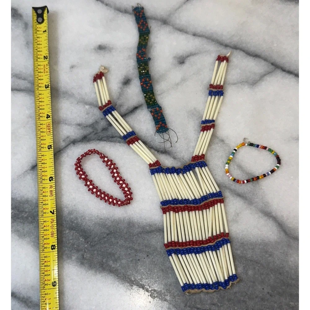 Vtg Mini Handcrafted Bone Hair Pipe Breastplate Necklace & Beaded Bracelet Sets